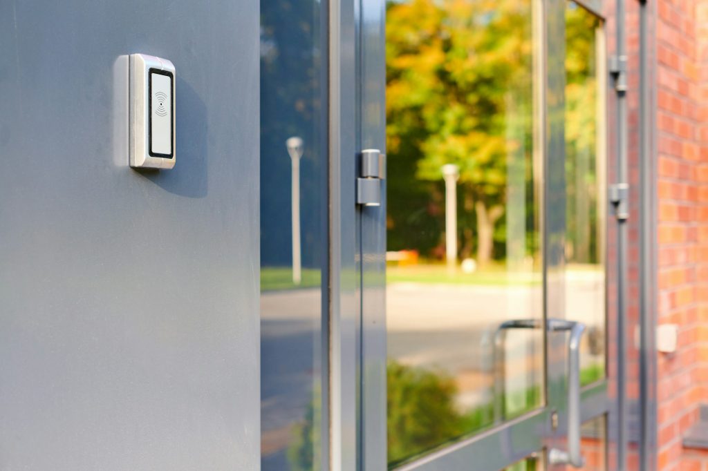 RFID reader by office door, employees only access by RFID key card, lock and key control system